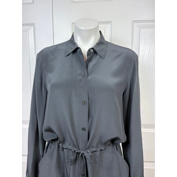 Eileen Fisher Silk Gray Button Down Dress Size S Roll Up Sleeves Front Pockets - Picture 2 of 12